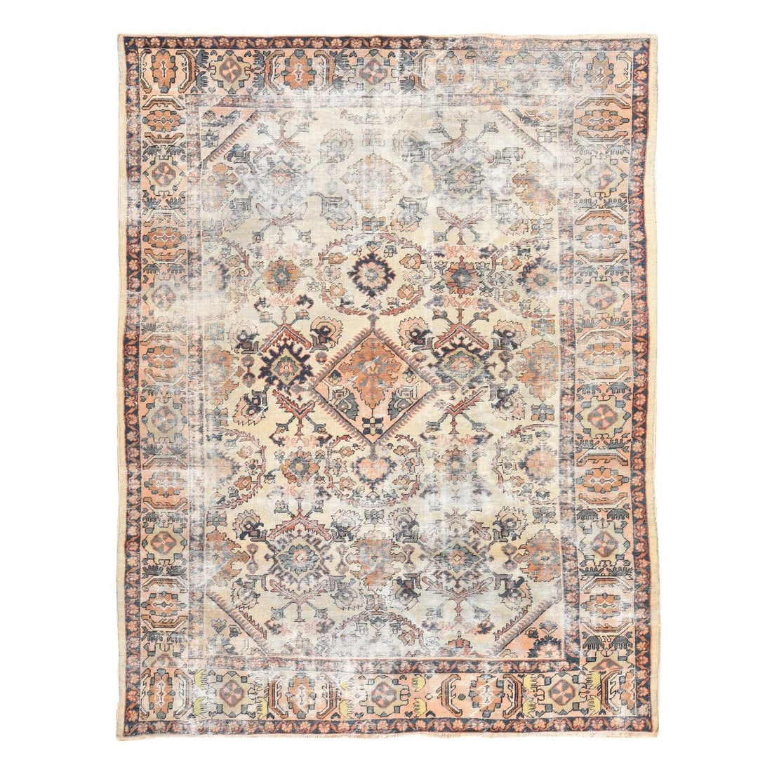Beige Antique Zoroastrian Hand Knotted Wool Rug 8'3"x11'2" Beige Worn Out: Beige Antique Zoroastrian Hand Knotted Wool Rug 8'3"x11'2" Beige Worn Out This antique Zoroastrian hand-knotted wool rug boasts a rich, worn beige color and measures 8'3" x 11'2". Made from 100% wool,