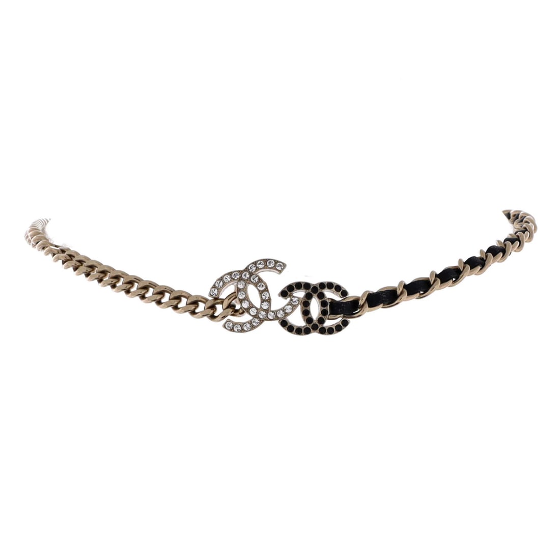 Chanel Double CC Chain Choker Necklace Metal with Leather and Crystals: Chanel Double CC Chain Choker Necklace Metal with Leather and Crystals The Chanel Double CC Chain Choker Necklace Metal with Leather and Crystals boasts a sleek, gold-toned metal exterior adorned
