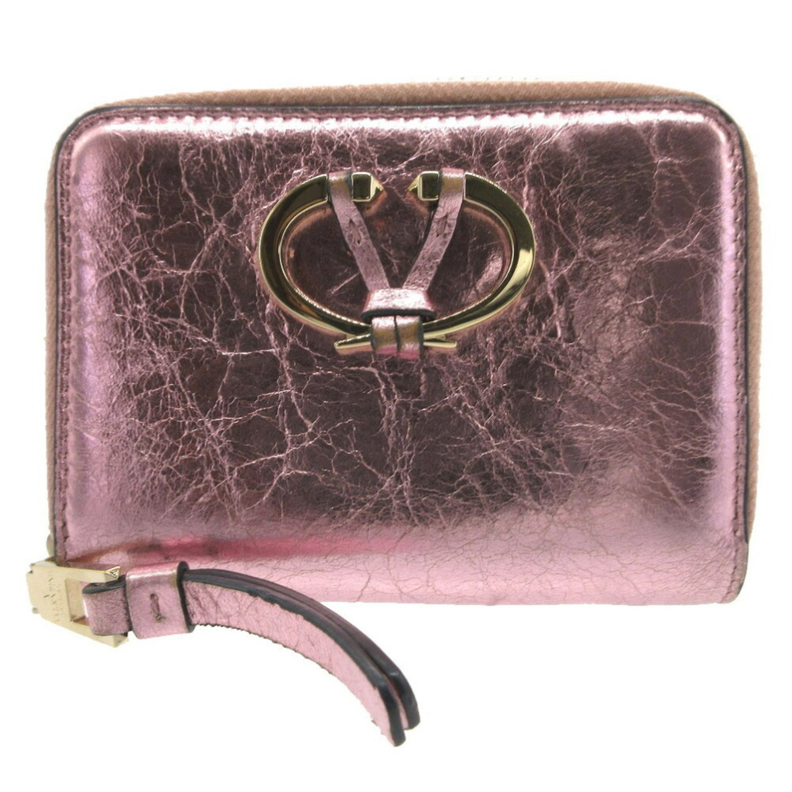 Valentino Wallet (Bi-Fold) Leather: Valentino Wallet (Bi-Fold) Leather Valentino's bi-fold leather wallet boasts a striking metallic pink hue, adding a touch of sophistication to any accessory collection. With its sleek design and premi