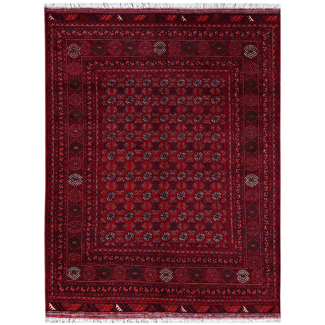 5'x6'5" Red Afghan Khamyab with Bokara Design Hand Knotted Soft Wool Rug: 5'x6'5" Red Afghan Khamyab with Bokara Design Hand Knotted Soft Wool Rug Soft and vibrant, this 5'x6'5" Red Afghan Khamyab with Bokara Design Hand Knotted Soft Wool Rug boasts a stunning all-over regi