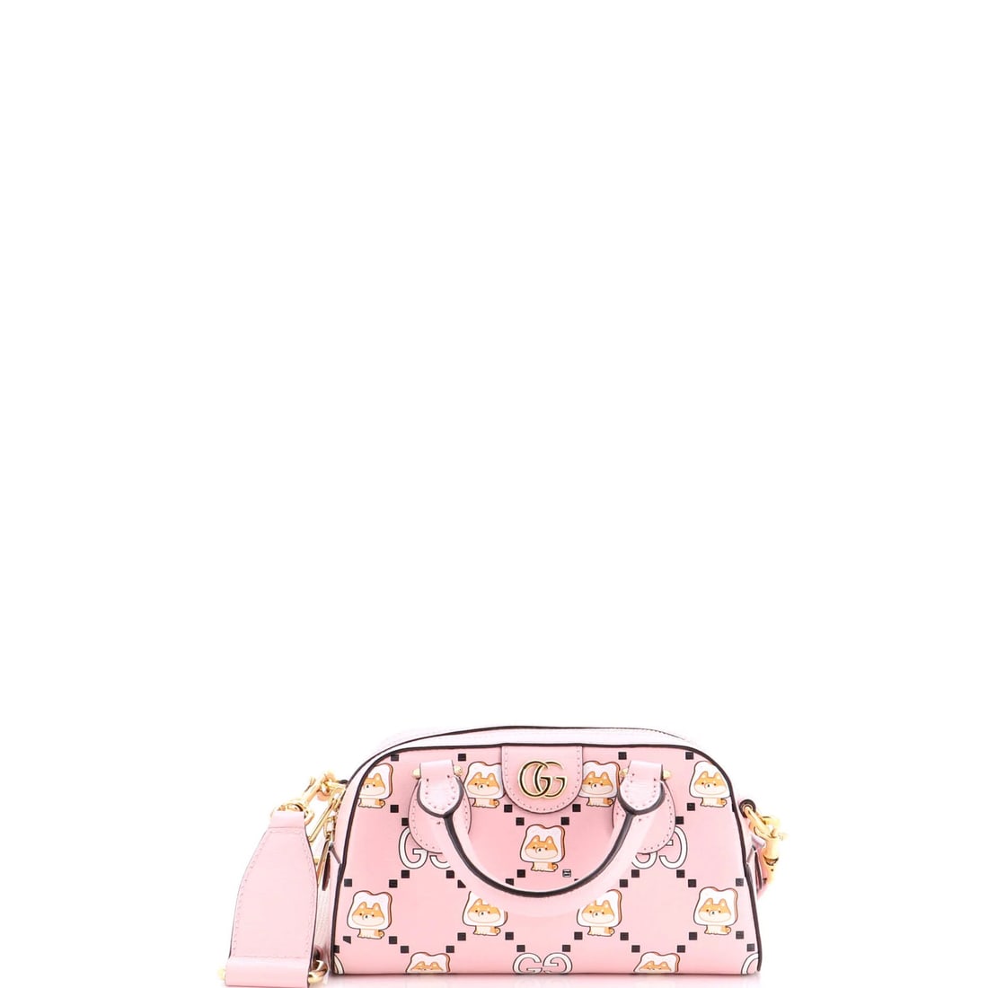 Printed Leather Kawaii Mini Boston Convertible Top Bag Gucci: Printed Leather Kawaii Mini Boston Convertible Top Bag Gucci Pink printed leather mini Boston convertible top bag with kawaii design, featuring gold hardware and a stylish bowler style. This Gucci min