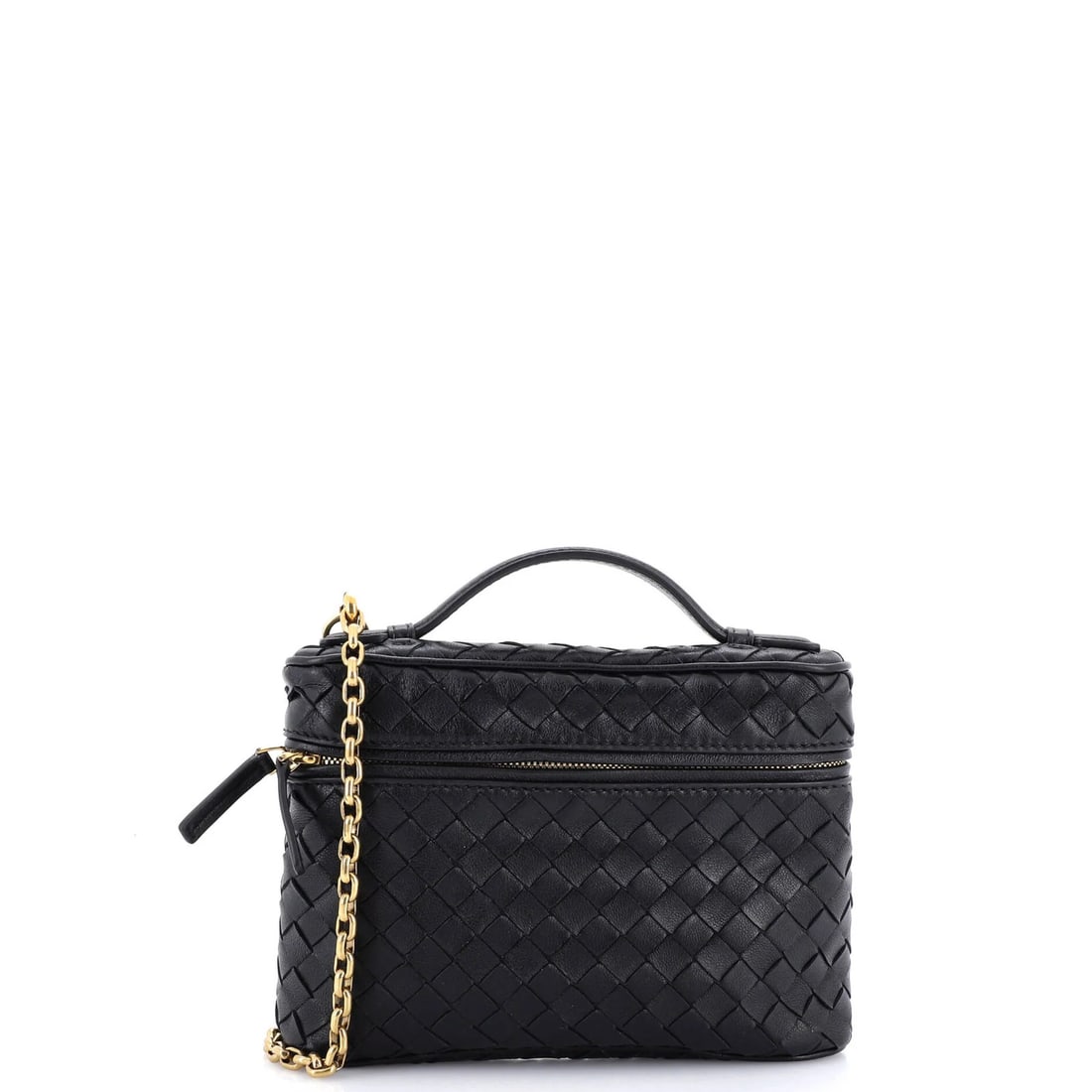 Soft Chain Leather Small Intrecciato Vanity Case Intrecciato: Soft Chain Leather Small Intrecciato Vanity Case Intrecciato Soft Chain Leather Small Intrecciato Vanity Case in Black features an all-black exterior with gold hardware, showcasing the iconic Bottega 