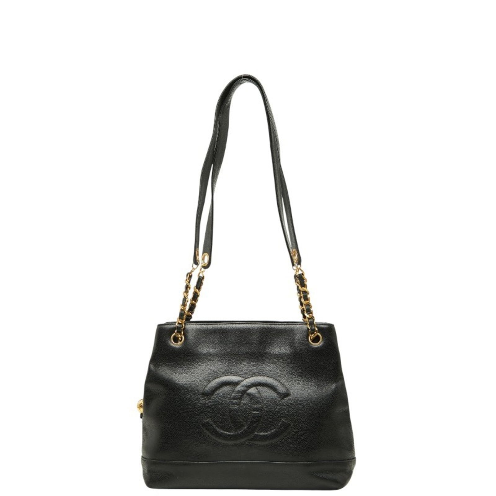 Calfskin Grained Shoulder Bag Tote Chanel: Calfskin Grained Shoulder Bag Tote Chanel Grained Calfskin Shoulder Bag Tote from Chanel. This black tote bag features a zipper closure and measures 25cm x 28cm x 12cm, with a handle drop of 37.50cm. 