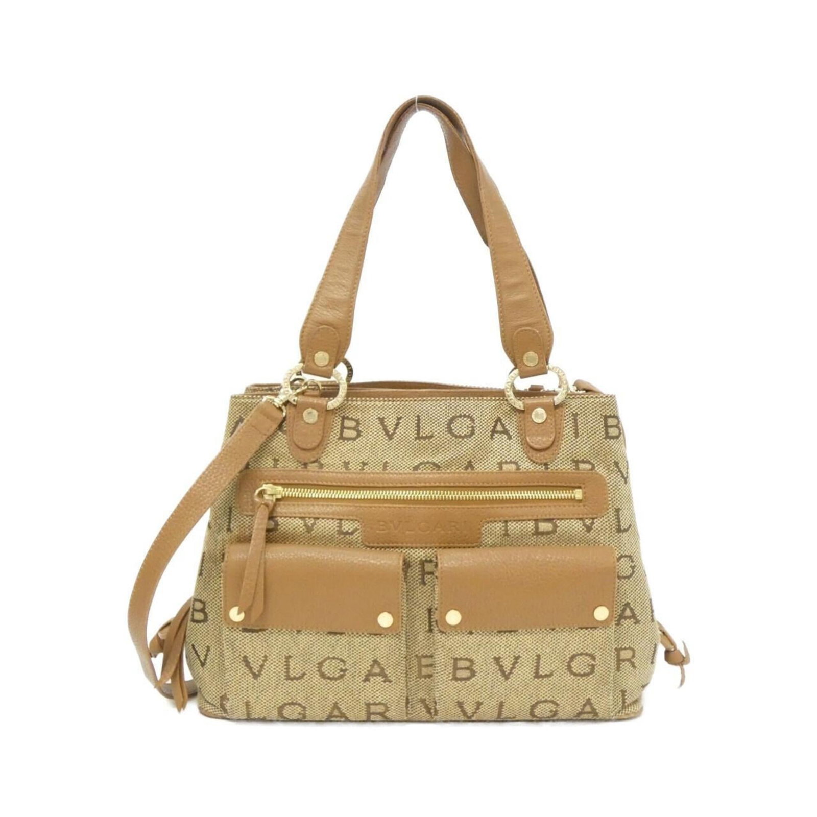 Bvlgari Shoulder Bag Canvas: Bvlgari Shoulder Bag Canvas Canvas bag from Bvlgari, featuring beige and brown colors, gold hardware, and a signature. The bag measures 23cm x 32cm x 11cm and has a classic shoulder strap design. Made