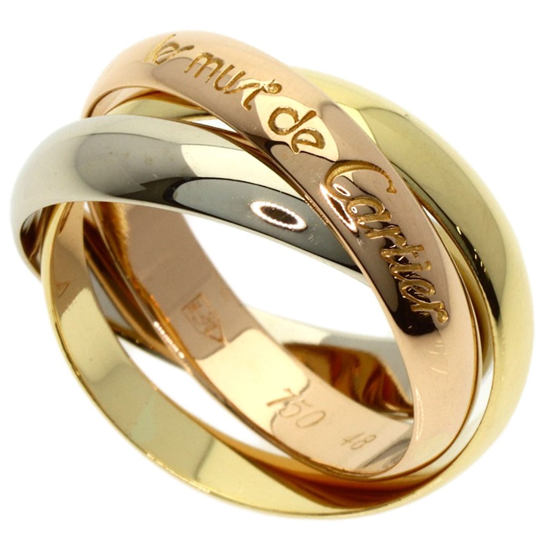 Yellow Gold K18 White Gold Cartier Trinity Ring #48: Yellow Gold K18 White Gold Cartier Trinity Ring #48 K18 White Gold Cartier Trinity Ring #48 boasts a sleek, gold metal design with a signature from the artist. This elegant ring features a unique comb