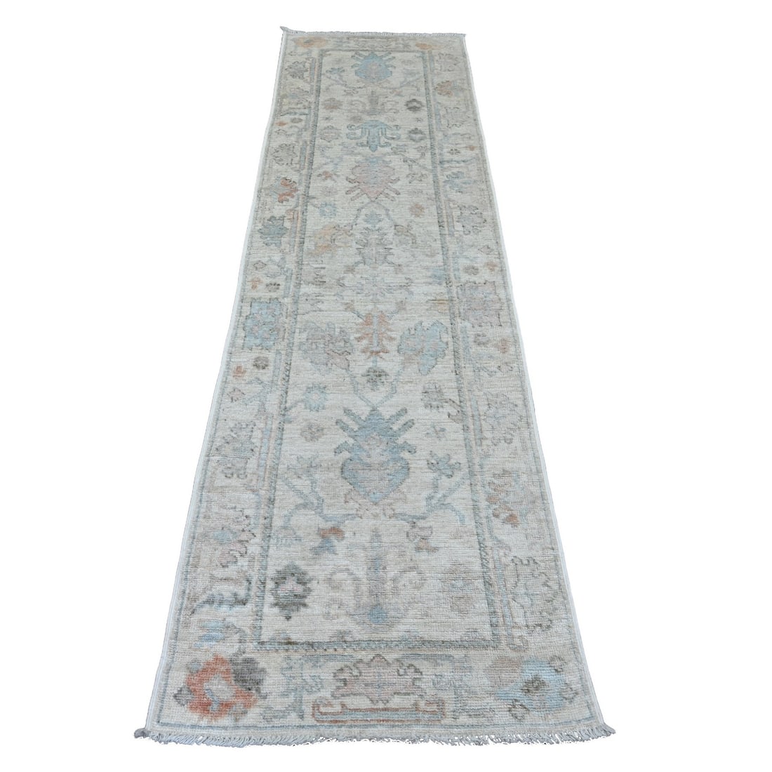 2'7"x9'6" Pearl White Afghan Angora Oushak Hand Knotted Wool Runner Rug: 2'7"x9'6" Pearl White Afghan Angora Oushak Hand Knotted Wool Runner Rug This stunning Pearl White Oushak Hand Knotted Wool Runner Rug boasts an impressive size and intricate design, showcasing the exc