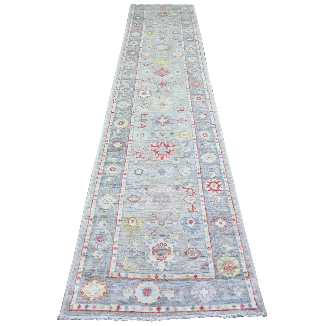 2'9"x13'7" Coin Gray Afghan Angora Oushak Hand Knotted Wool Runner Rug: 2'9"x13'7" Coin Gray Afghan Angora Oushak Hand Knotted Wool Runner Rug The Coin Gray Afghan Angora Oushak Hand Knotted Wool Runner Rug boasts an impressive size, measuring 2'9"x13'7" in a stunning gre