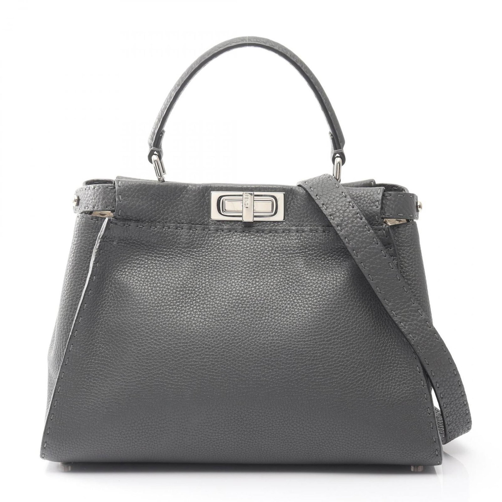 Handbag Leather Fendi: Handbag Leather Fendi Gray Fendi handbag made from high-quality leather, featuring a classic design with a signature. The bag measures 24cm x 34cm x 13cm and has a sleek, sophisticated look that is pe
