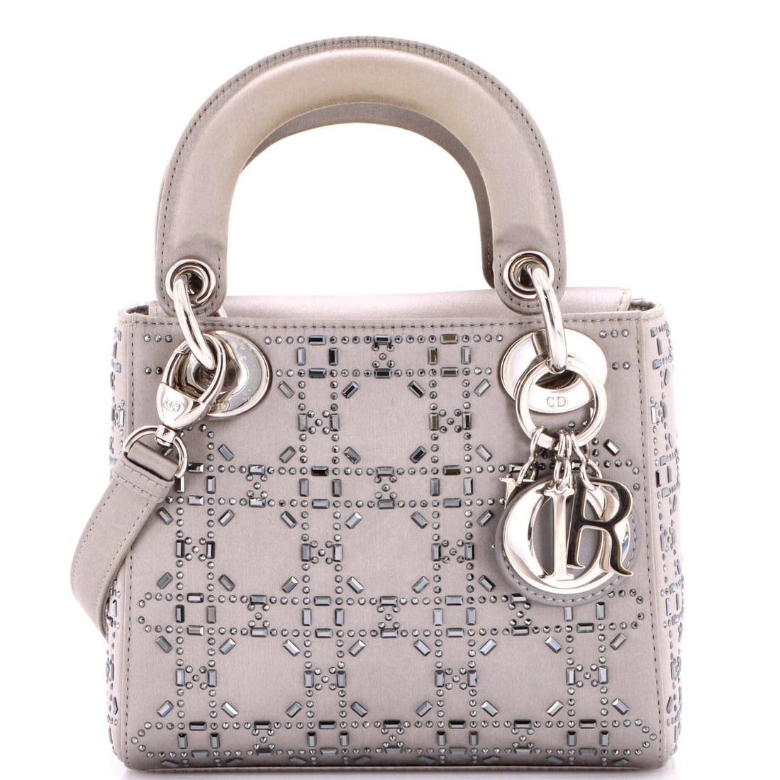 Crystal quilt satin bag embellished cannage mini lady dior christian: Crystal quilt satin bag embellished cannage mini lady dior christian Gray satin exterior with crystal embellished cannage quilt design, a unique and eye-catching mini Lady Dior bag from Christian Dior