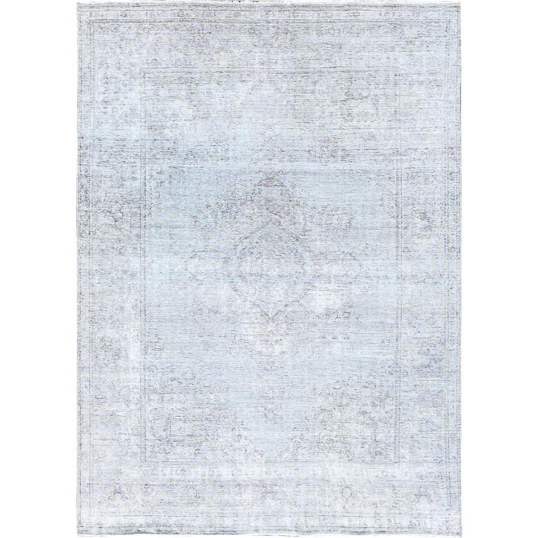 6'6"x9'6" Gray, Vintage Zoroastrian Tebraz, Worn Wool Hand Knotted Rug: 6'6"x9'6" Gray, Vintage Zoroastrian Tebraz, Worn Wool Hand Knotted Rug The 6'6"x9'6" Gray, Vintage Zoroastrian Tebraz rug boasts an impressive hand-knotted design with a rich, worn wool pile. This stu