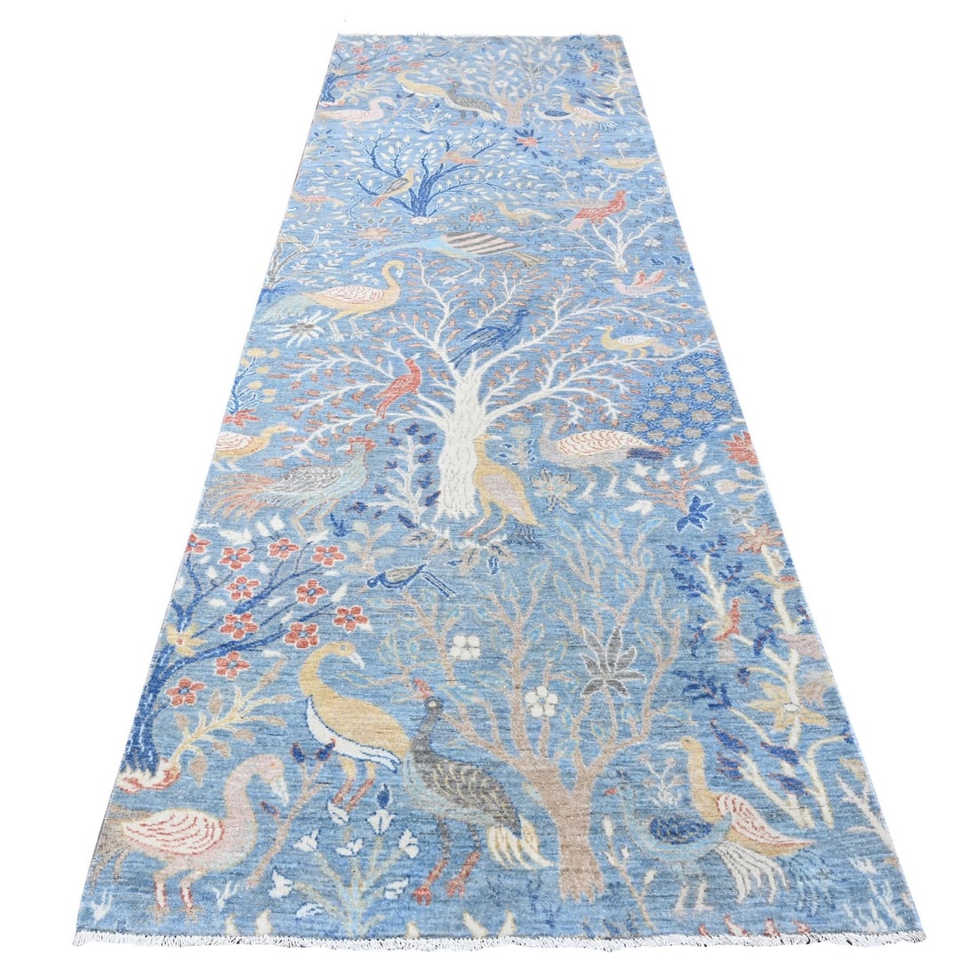 4'x11'10" Blue Wool Peshawar Birds Paradise Hand Knotted Wide Runner Rug: 4'x11'10" Blue Wool Peshawar Birds Paradise Hand Knotted Wide Runner Rug Blue Wool Peshawar Birds Paradise Hand Knotted Wide Runner Rug features a stunning blue color and a unique birds paradise