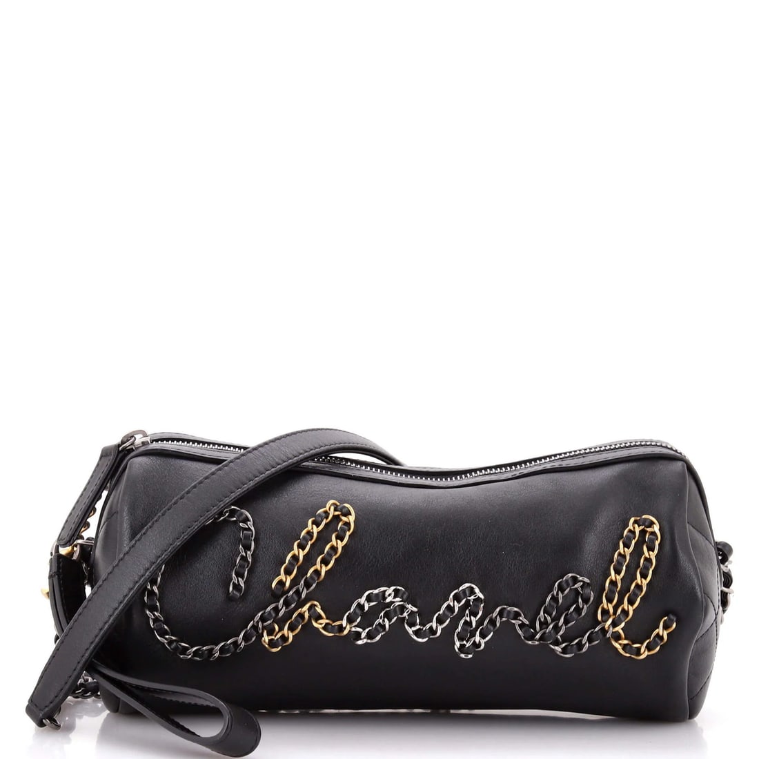 Calfskin Bag Small Chanel Chain Bowling Signe: Calfskin Bag Small Chanel Chain Bowling Signe Small Chanel Chain Bowling Signe Calfskin Bag in Black features a sleek cross body design with minor creases, scuffs, and edge wear on the exterior. The b