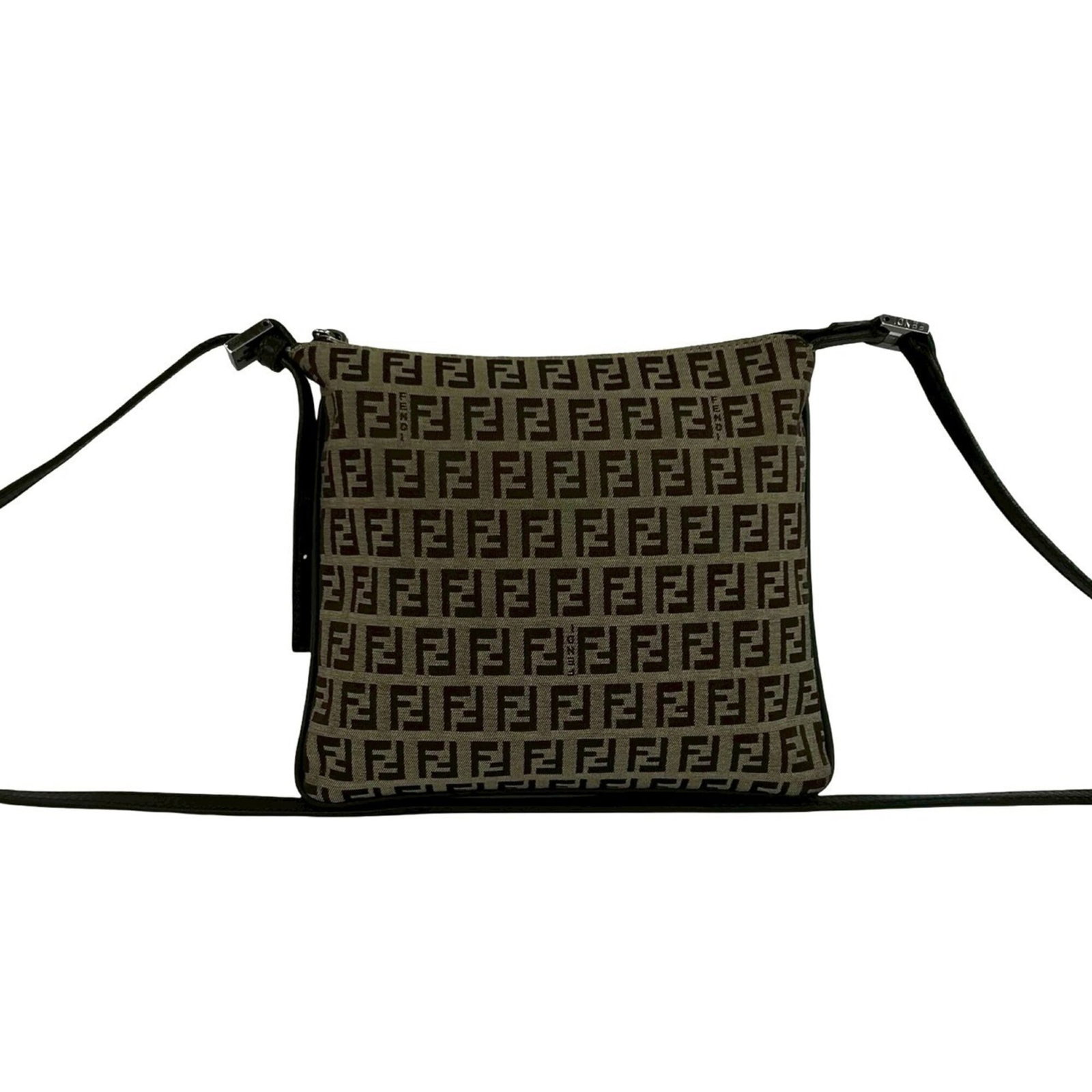 Canvas leather shoulder bag Fendi pochette: Canvas leather shoulder bag Fendi pochette Canvas leather shoulder bag with Fendi pochette design, featuring brown canvas and leather construction. The bag measures 19cm x 21cm x 7.48'' x 8.26''. A