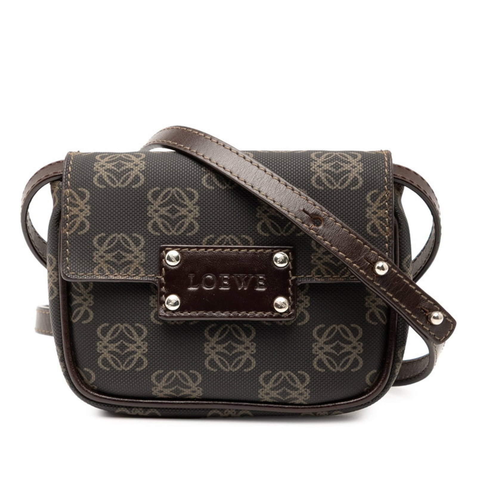 PVC LEATHER SLING BAG LOEWE: PVC LEATHER SLING BAG LOEWE PVC and leather combine in this unique Loewe sling bag, featuring a distinctive brown color and compact dimensions. The PVC material adds a modern touch to the classic desi