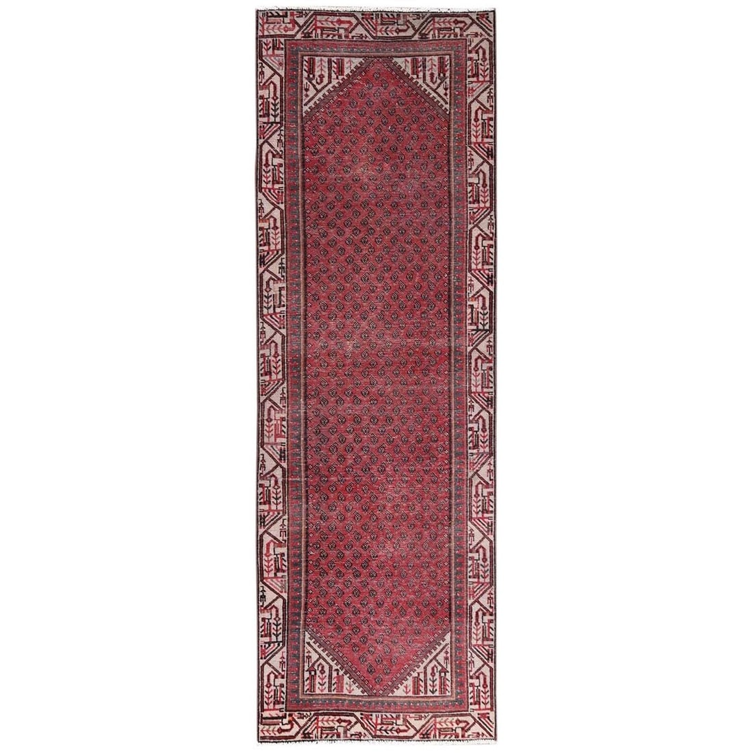 3'x9'5" Red Vintage Saroogh with Boteh Design Wool Hand Knotted Runner Rug: 3'x9'5" Red Vintage Saroogh with Boteh Design Wool Hand Knotted Runner Rug The stunning Red Vintage Saroogh with Boteh Design Wool Hand Knotted Runner Rug boasts an all-over regional design characteri