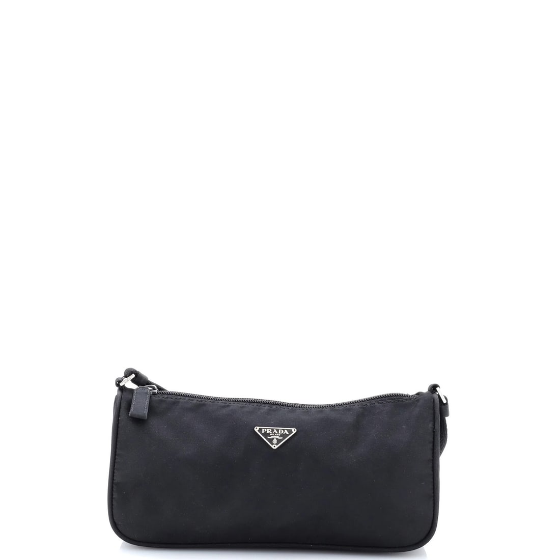 Pochette small Tessuto shoulder bag by Prada: Pochette small Tessuto shoulder bag by Prada Small Pochette shoulder bag by Prada in black nylon exterior, featuring minor creases and edge wear. The interior boasts a light odor and minor scuffs, whi