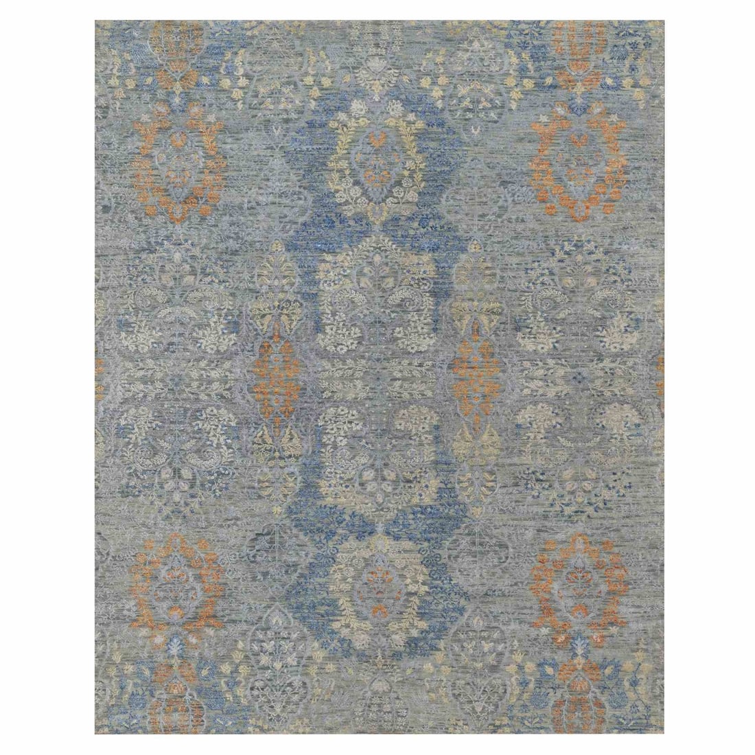 8'x10' Misty Gray Jewelry Design Wool with Textured Silk Hand Knotted Rug: 8'x10' Misty Gray Jewelry Design Wool with Textured Silk Hand Knotted Rug The Misty Gray Jewelry Design Wool with Textured Silk Hand Knotted Rug boasts an all-over regional design, characteristic of O