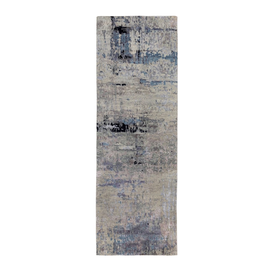 2'6"x7'9" Silver, Blue Wool-Silk Abstract Design Hand Knotted Runner Rug: 2'6"x7'9" Silver, Blue Wool-Silk Abstract Design Hand Knotted Runner Rug Silver, blue wool-silk abstract design hand-knotted runner rug boasts an eye-catching grey field with subtle texture and intric