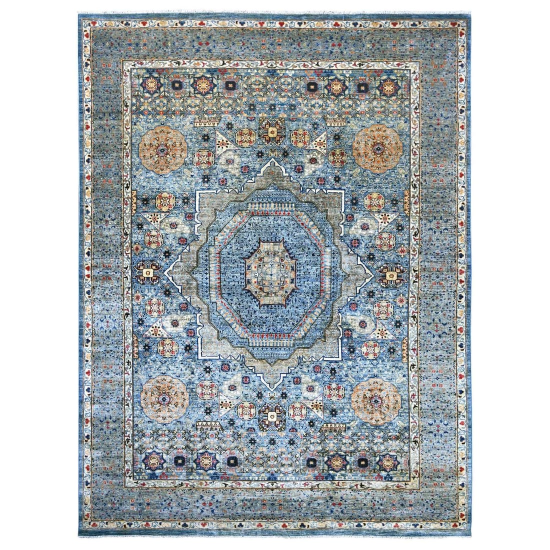 10'x14'1" Blue 14th Century Mamluk Dynasty Pattern Hand Pure Wool Rug: 10'x14'1" Blue 14th Century Mamluk Dynasty Pattern Hand Pure Wool Rug The Mamluk Dynasty pattern hand-knotted wool rug boasts an impressive blue medallion design, characteristic of the region's rich c
