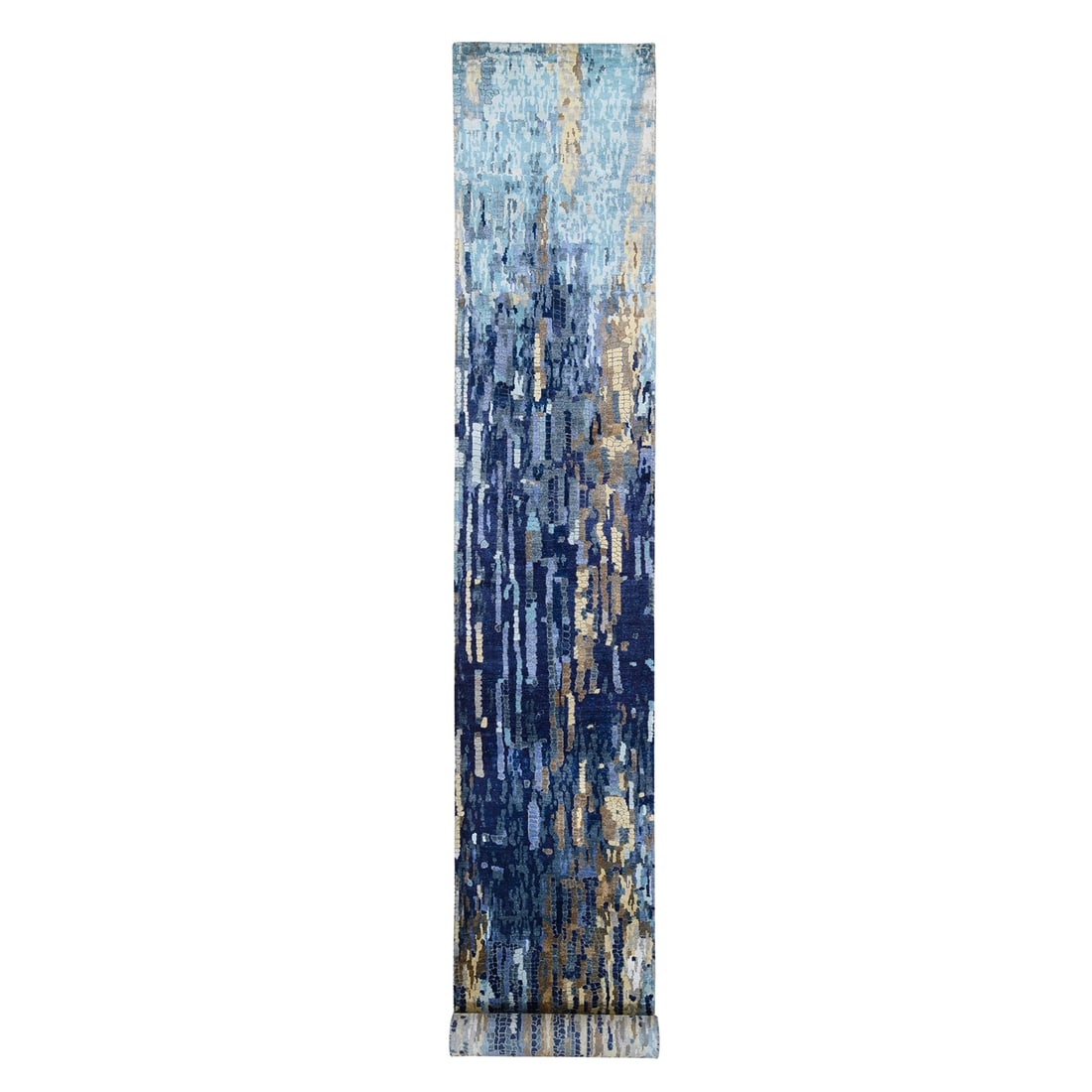 2'7"x19'7" Blue Mosaic Design Wool and Silk Hand Knotted XL Runner Rug: 2'7"x19'7" Blue Mosaic Design Wool and Silk Hand Knotted XL Runner Rug Blue Mosaic Design Wool and Silk Hand Knotted XL Runner Rug boasts an eye-catching mosaic design in a vibrant blue hue, complemen