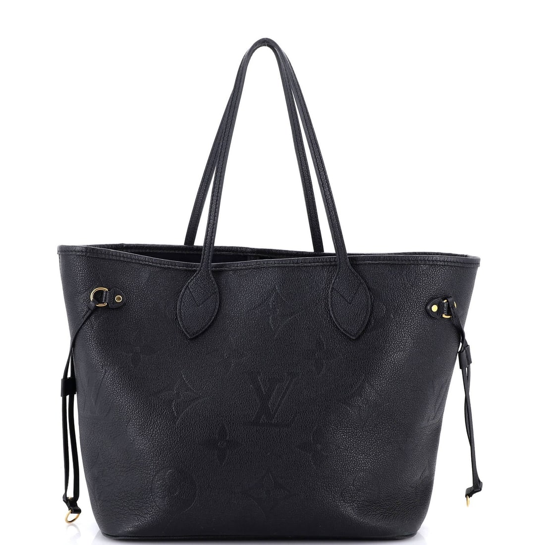 Louis Vuitton Neverfull NM Tote Monogram Empreinte Giant MM: Louis Vuitton Neverfull NM Tote Monogram Empreinte Giant MM Black Louis Vuitton Neverfull NM Tote Monogram Empreinte Giant MM features heavy corner wear, edge wear, scuffs, and minor creases. The exte
