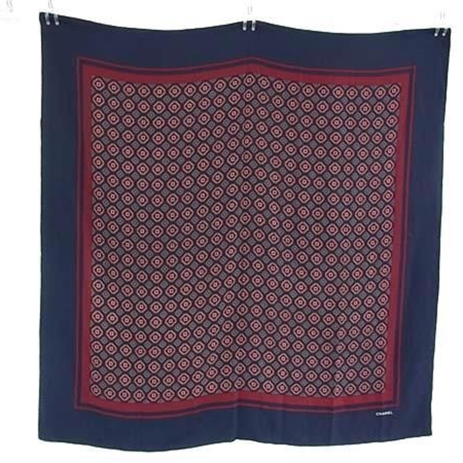 Silk Stole By Chanel: Silk Stole By Chanel Silk Stole By Chanel features a multi-color, navy design in luxurious silk fabric. Spanning 1.37m x 1.33m, this stole showcases the iconic brand's signature style with its elegant