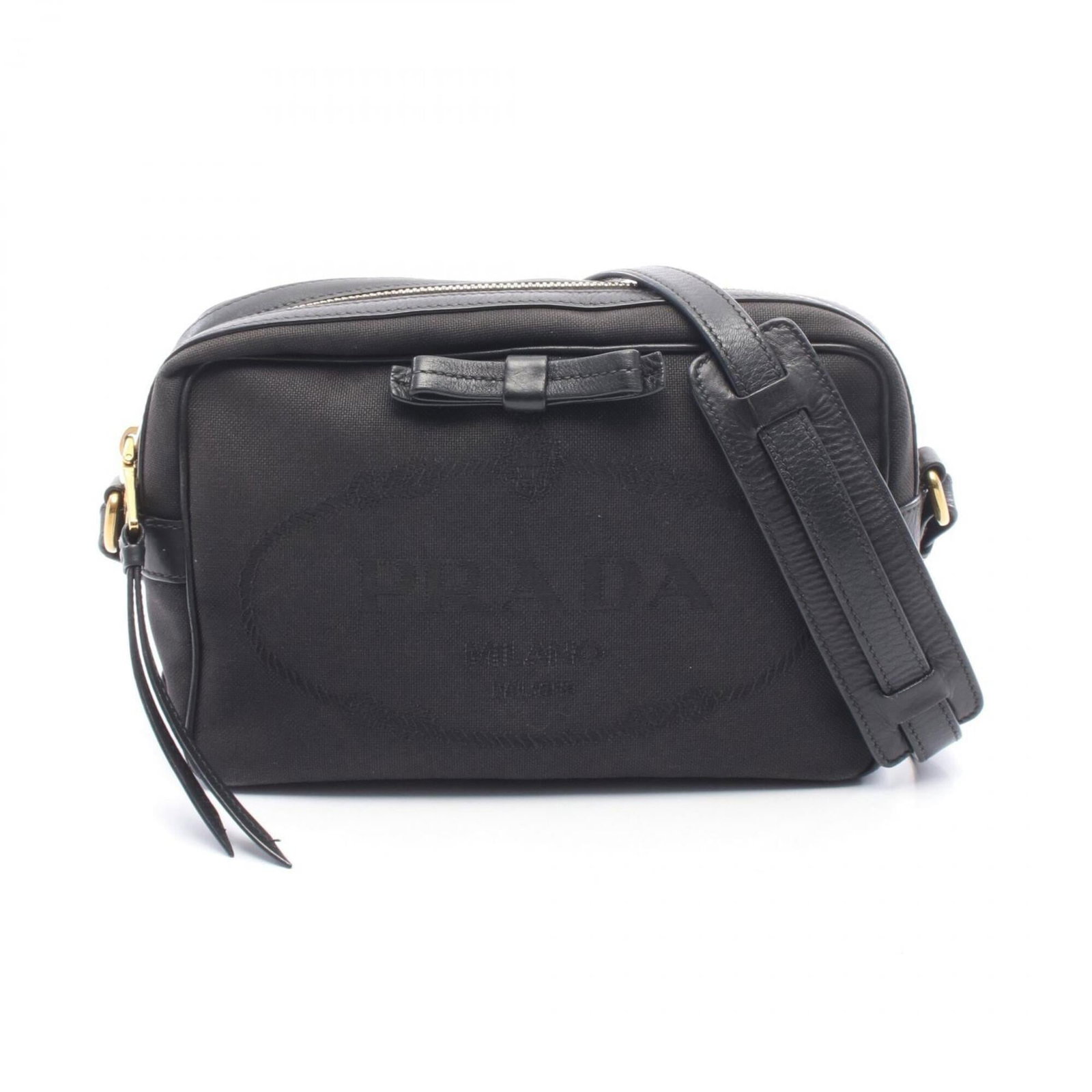 Prada Handbag Shoulder Bag Canvas Leather: Prada Handbag Shoulder Bag Canvas Leather Canvas and leather combine in this sleek Prada shoulder bag, measuring 15cm x 22cm x 8cm. The timeless design features a striking black color that adds sophis
