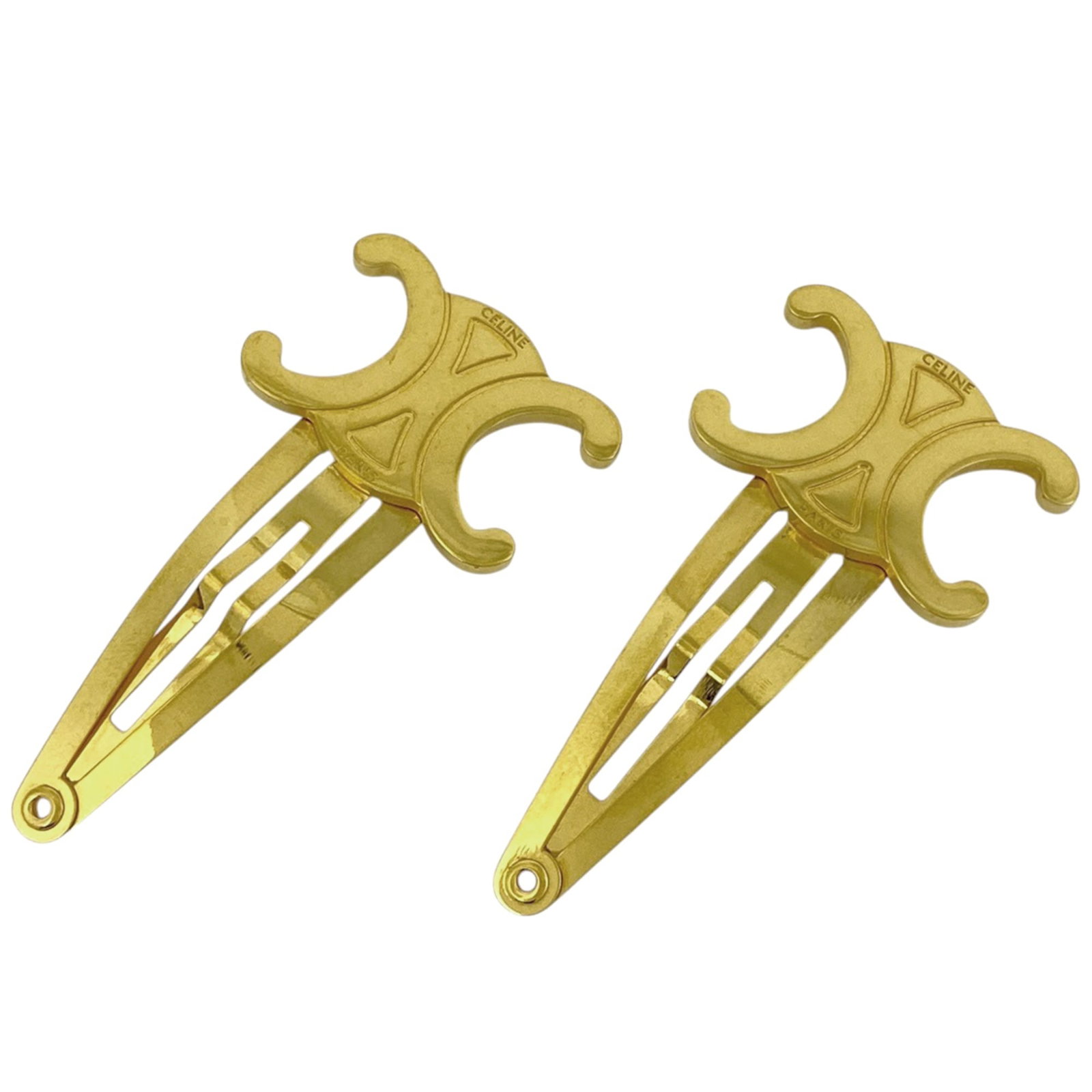 Celine Hair Pin Gold Plating: Celine Hair Pin Gold Plating Gold plating adds a touch of luxury to this sleek hair pin from Celine. Measuring 6cm x 3cm, it features a striking gold finish that complements any hairstyle. Its compact