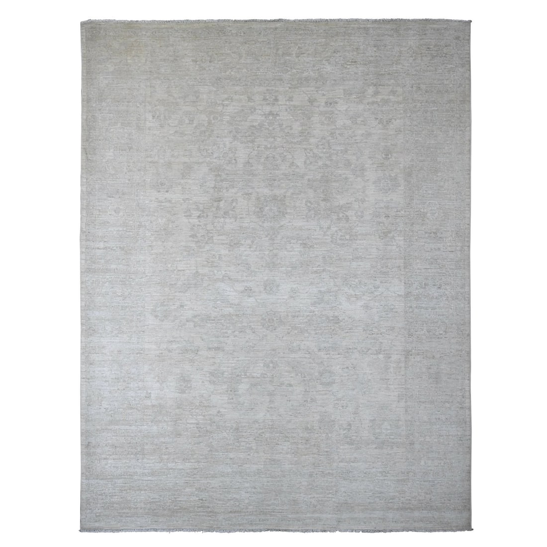 8'9"x11'5" White Wool Stone Washed Peshawar Leaf Design Hand Knotted Rug: 8'9"x11'5" White Wool Stone Washed Peshawar Leaf Design Hand Knotted Rug This stunning White Wool Stone Washed Peshawar Leaf Design Hand Knotted Rug boasts an impressive size, measuring 8'9"x11'5" in