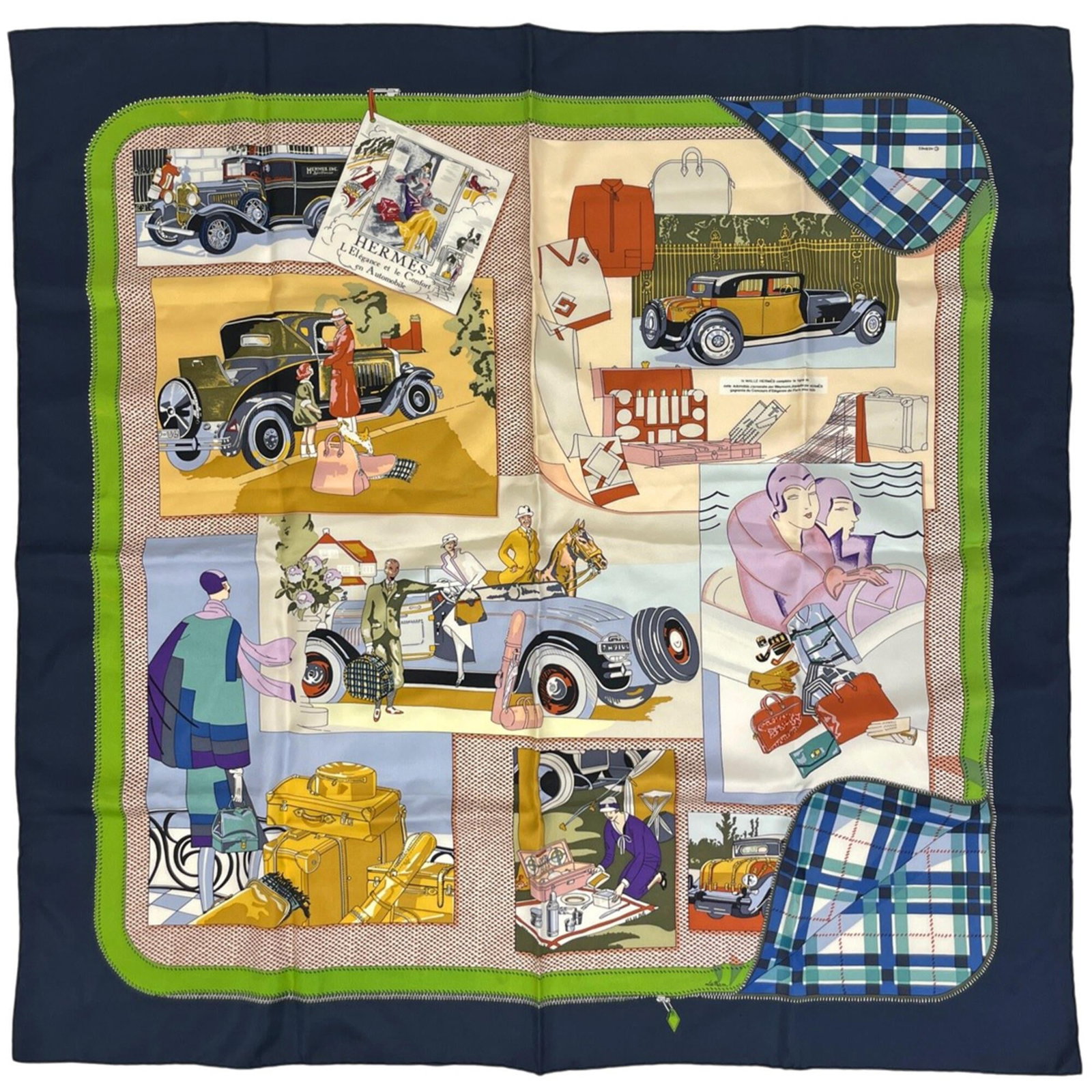 Hermes Silk 100% Scarf: Hermes Silk 100% Scarf Silk 100% Scarf from Hermes, featuring a vibrant multi-color and navy design. Made from high-quality silk, this scarf measures 90.5cm x 88cm in size. A beautiful addition to any