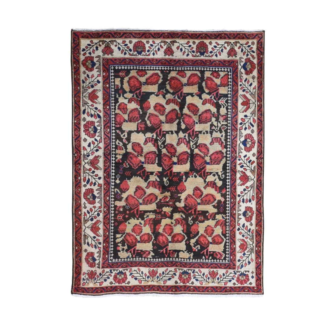 4'5"x6'1" Beige Old Farsian Karabakjon Clean Pure Wool Hand Knotted Rug: 4'5"x6'1" Beige Old Farsian Karabakjon Clean Pure Wool Hand Knotted Rug Hand-knotted in traditional Turkish style, this beige Oriental rug boasts a rich, rectangular field with intricate regional desi