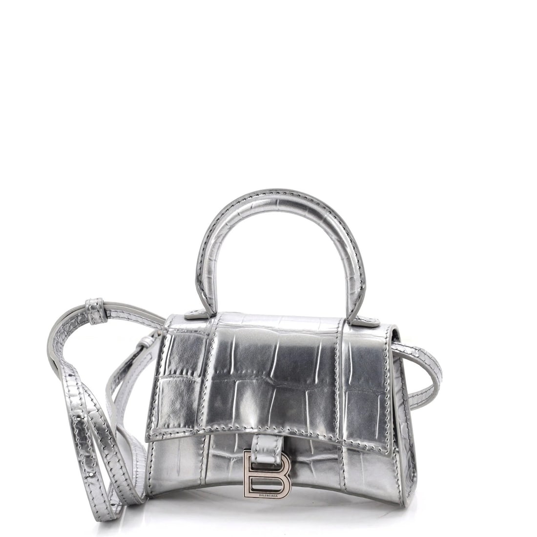 Crocodile Embossed Leather Mini Handle Top Bag Hourglass Balenciaga: Crocodile Embossed Leather Mini Handle Top Bag Hourglass Balenciaga Crocodile embossed leather adds an edgy touch to this mini cross body bag from Balenciaga, featuring a metallic exterior and sleek h