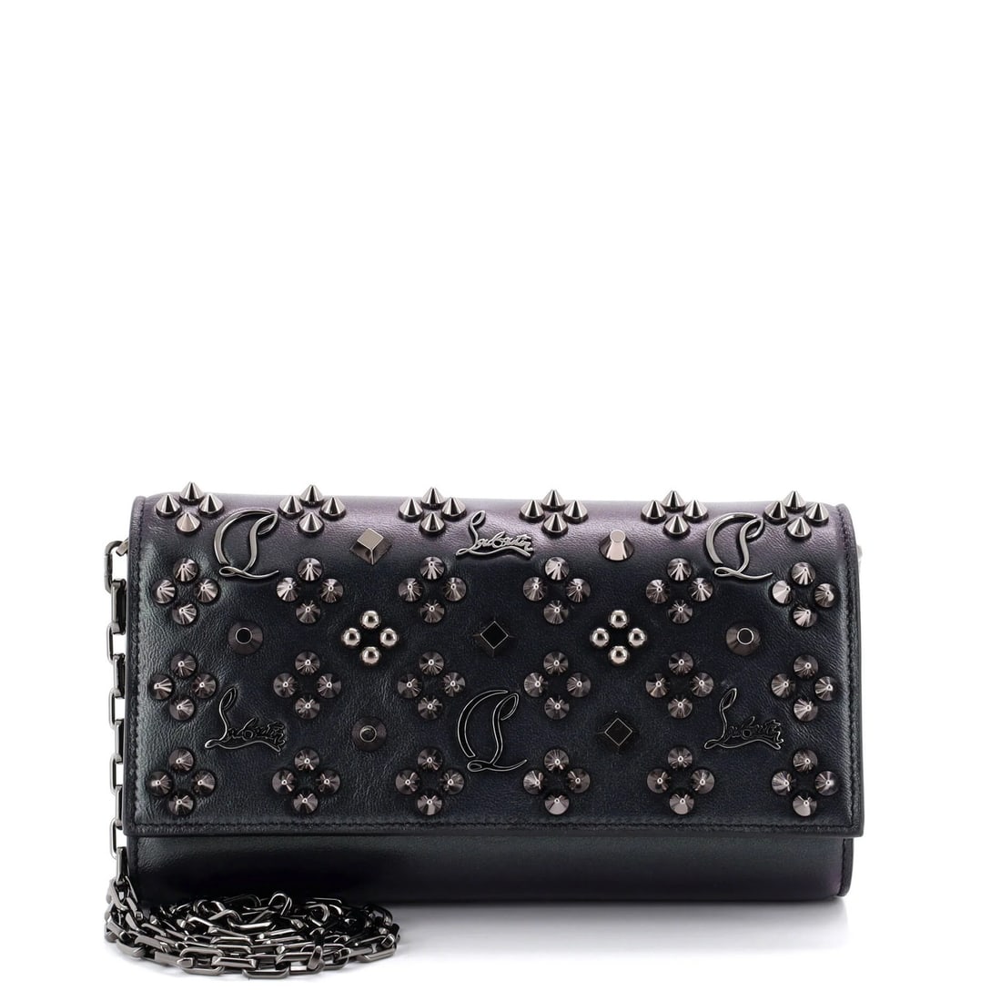 Paloma Leather Small Christian Louboutin Embellished Clutch: Paloma Leather Small Christian Louboutin Embellished Clutch Small, elegant Paloma Leather Clutch from Christian Louboutin features black embellished leather exterior with red interior. The clutch meas