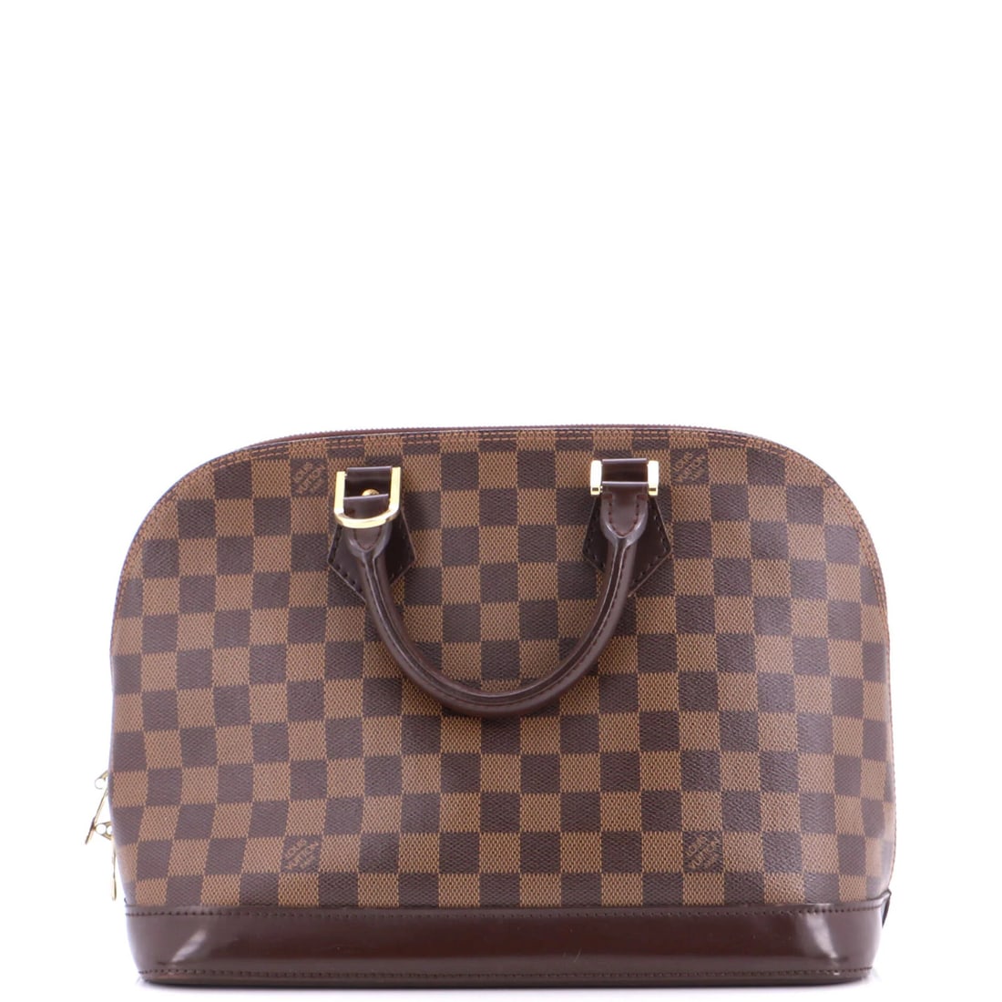 Handbag Alma Damier Louis Vuitton: Handbag Alma Damier Louis Vuitton Brown Louis Vuitton Alma Damier PM Handbag with Keys and Clochette Lock, featuring canvas coated leather exterior and red fabric interior. Measuring 9" tall and 12.5"