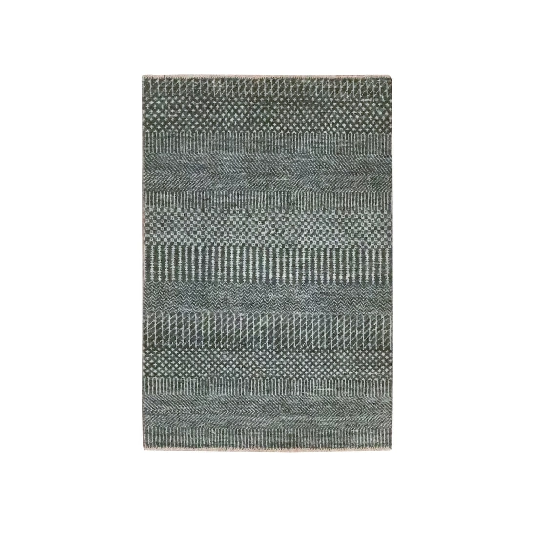 2'x3' Dim Gray Wool with Silk Modern Grass Design Hand Knotted Mat Rug: 2'x3' Dim Gray Wool with Silk Modern Grass Design Hand Knotted Mat Rug Modern Gray Wool and Silk Mat Rug, Hand-Knotted with a Distinctive Oriental Grass Design. This unique piece boasts a stunning