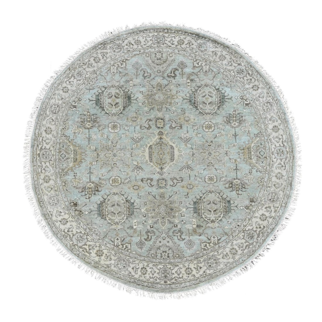 Hand Knotted Round Rug 6'x6' Light Gray 100% Wool Tribal Medallions Design: Hand Knotted Round Rug 6'x6' Light Gray 100% Wool Tribal Medallions Design Hand-knotted with precision, this stunning 6'x6' light gray wool rug boasts an intricate tribal medallions design that adds a