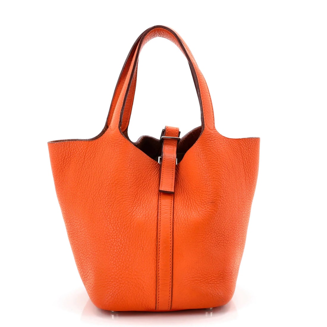 Hermes Picotin Clemence Bag: Hermes Picotin Clemence Bag The Hermes Picotin Clemence Bag boasts vibrant orange hues, complemented by raw leather interior and palladium hardware. This tote features a classic design with scuffs, cr