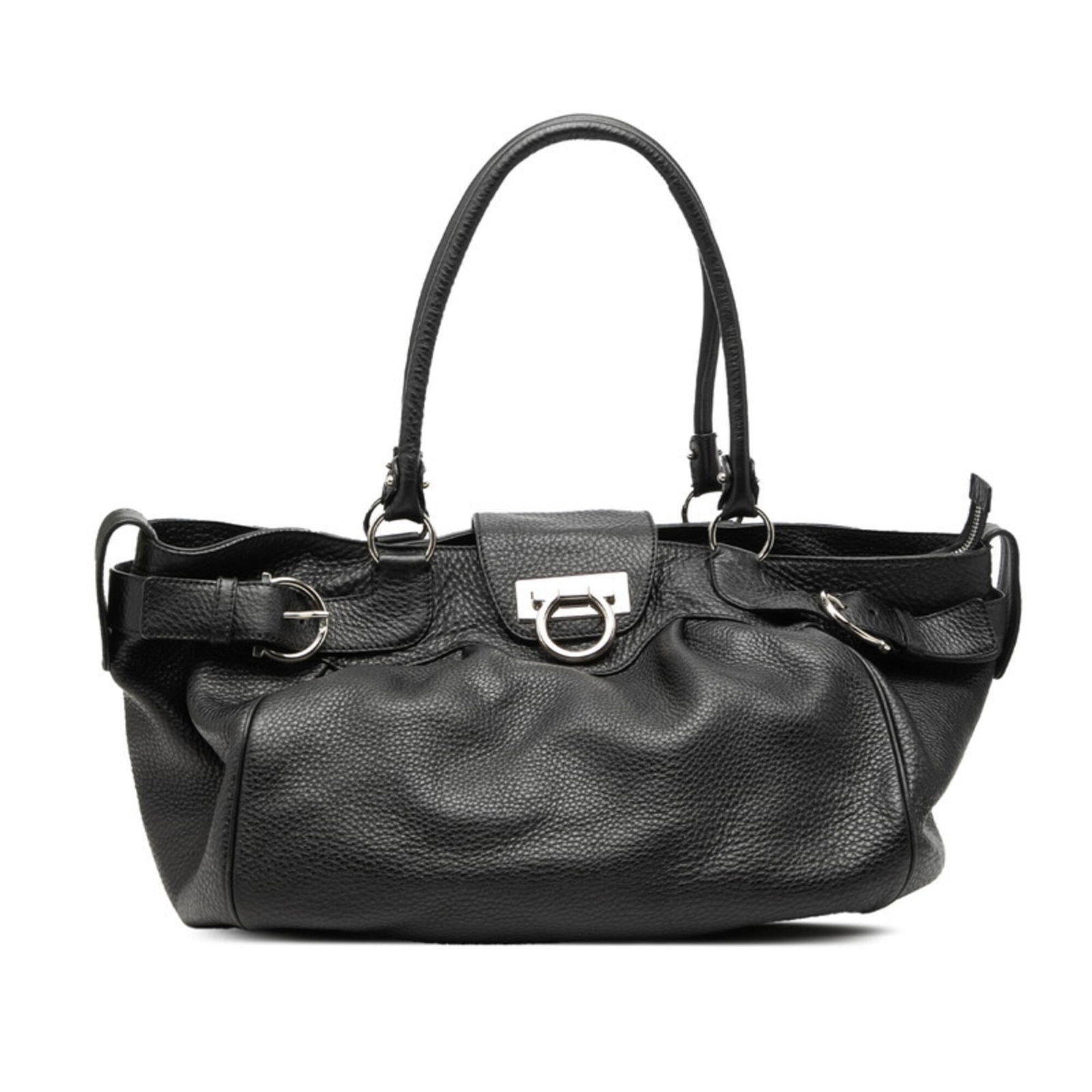 Leather tote bag by Salvatore Ferragamo: Leather tote bag by Salvatore Ferragamo The Salvatore Ferragamo leather tote bag boasts sleek black leather and precise dimensions, measuring 23.5cm x 32.5cm x 25cm. This stylish tote features high-qu