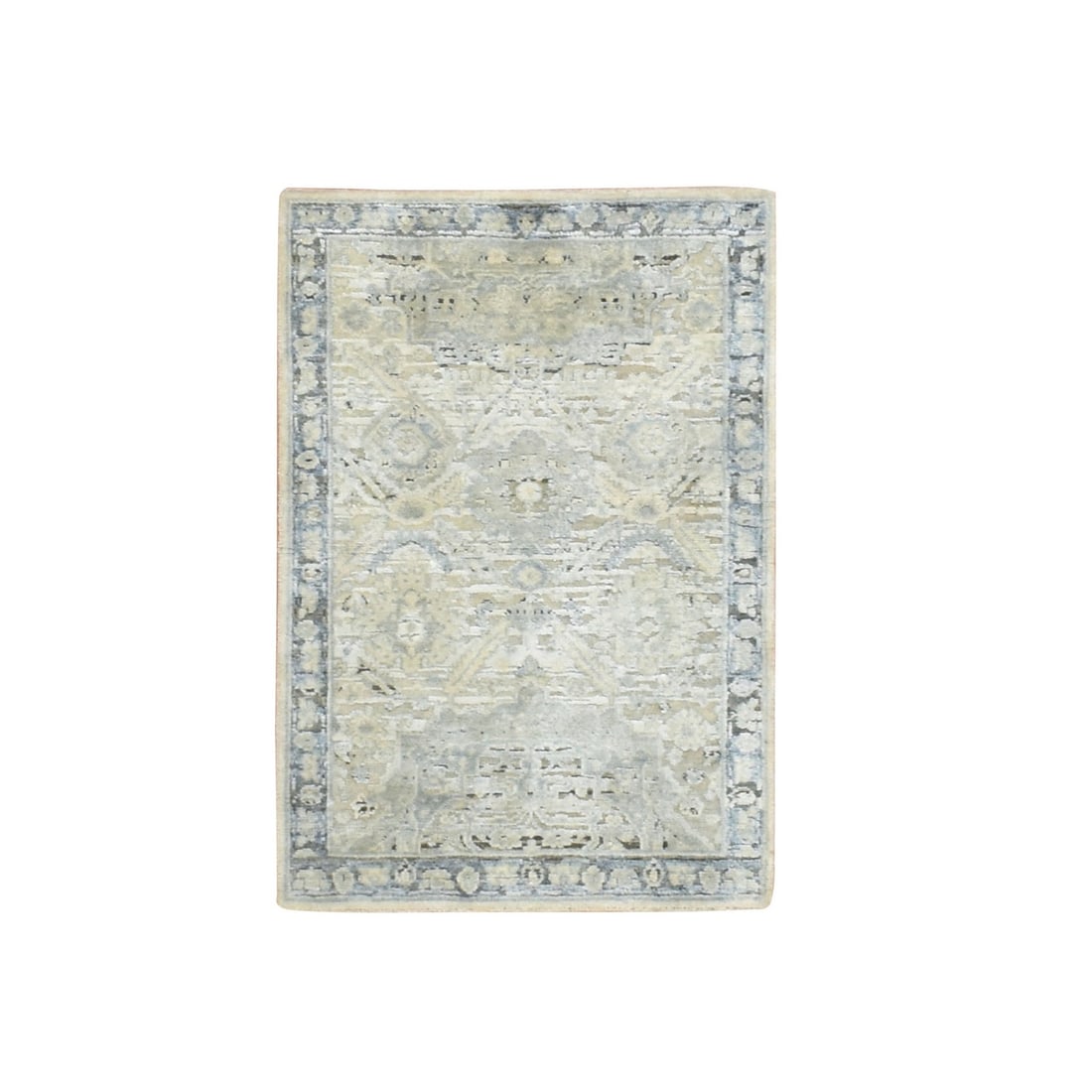 Gray Oushak Design Geometric Pattern with Hand Knotted Silk Mat Rug: Gray Oushak Design Geometric Pattern with Hand Knotted Silk Mat Rug The Gray Oushak Design Geometric Pattern with Hand Knotted Silk Mat Rug boasts an all-over regional design in grey, ivory brown, bei