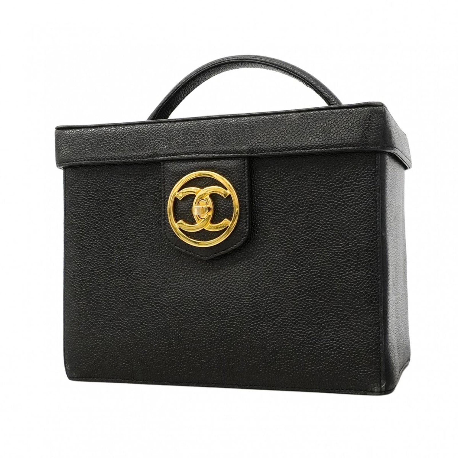 Calfskin Grained Chanel Vanity Bag: Calfskin Grained Chanel Vanity Bag Calfskin Grained Chanel Vanity Bag in black features gold hardware, measuring 18cm x 22.5cm x 13.5cm. The bag's grained calfskin material provides a luxurious textur