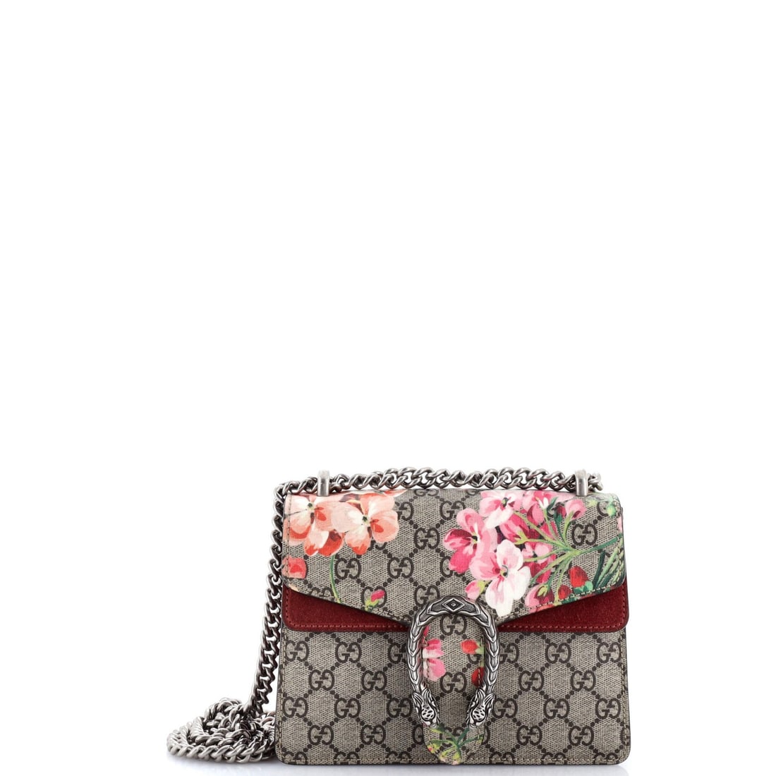 Gucci Dionysus bag blooms print coated canvas mini GG: Gucci Dionysus bag blooms print coated canvas mini GG The Gucci Dionysus bag blooms print coated canvas mini GG boasts a striking red exterior with a unique blooms print. This mini version features a 