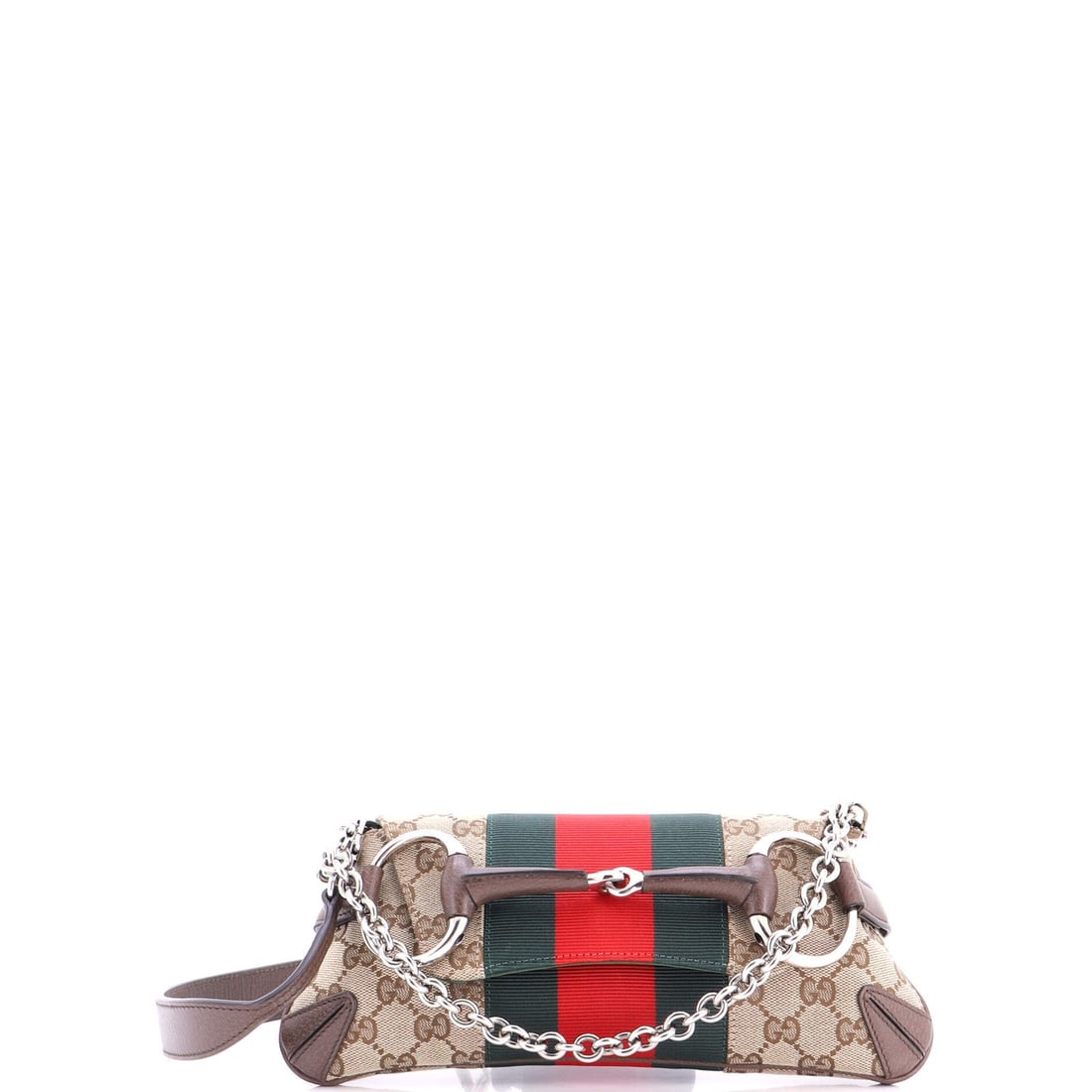 Gucci Canvas Small Clutch NM Web Horsebit Chain: Gucci Canvas Small Clutch NM Web Horsebit Chain Small Gucci Canvas Clutch with Horsebit Chain. This excellent condition, brown canvas small shoulder bag features an extra strap and measures 5" tall, 1