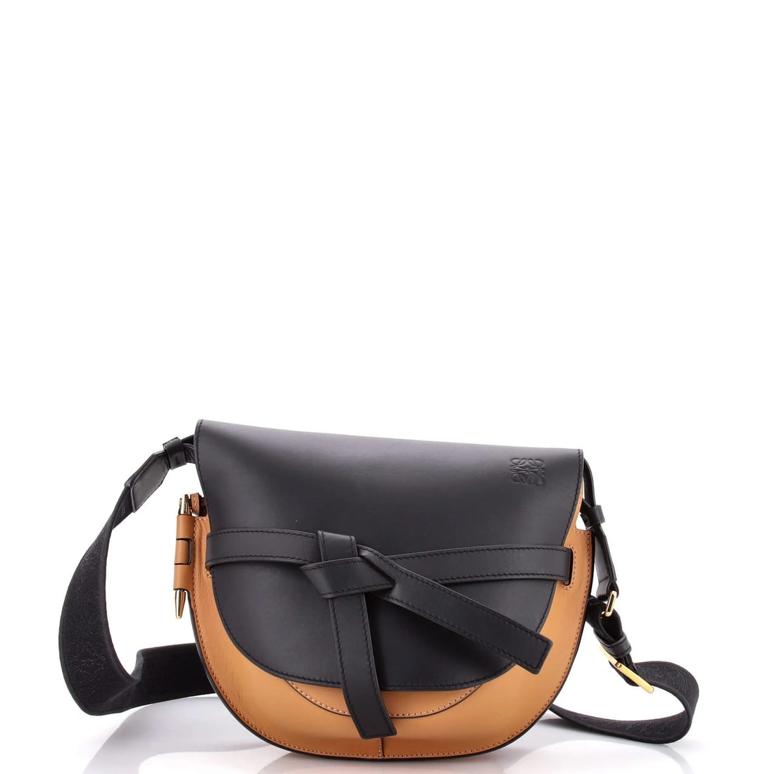 Small leather bag shoulder gate dual Loewe: Small leather bag shoulder gate dual Loewe Small leather bag with cross body design, featuring black exterior and brown suede interior. The bag bears scuffs, edge wear, corner wear, minor creases, and