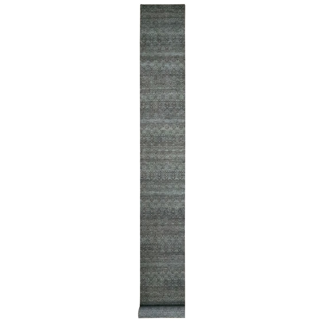 Herat Pattern Soft Wool 2'6"x22'1" Gray Hand Knotted Gray Kohinoor Runner Rug: Herat Pattern Soft Wool 2'6"x22'1" Gray Hand Knotted Gray Kohinoor Runner Rug Soft and serene, this hand-knotted wool runner rug boasts a stunning Herat pattern in soothing gray hues. Measuring 2'6" x