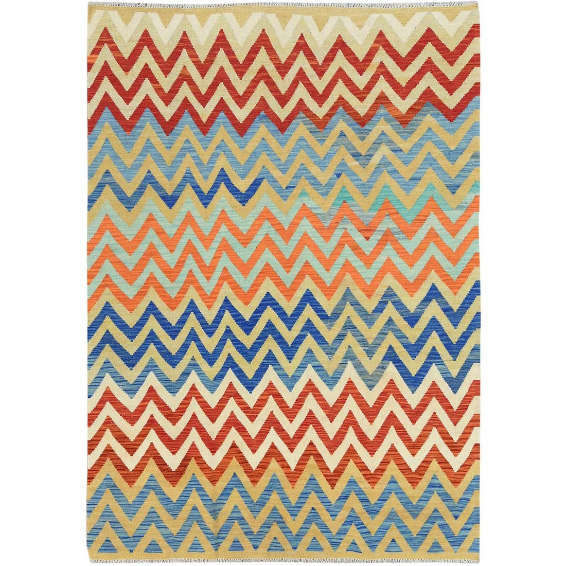 Colorful Afghan Hand Woven Rug 6'6"x9'3" Organic Wool Flat Weave Kilim: Colorful Afghan Hand Woven Rug 6'6"x9'3" Organic Wool Flat Weave Kilim Handwoven in Afghanistan, this vibrant kilim rug boasts a stunning multi-colored field with intricate regional design. Made from 