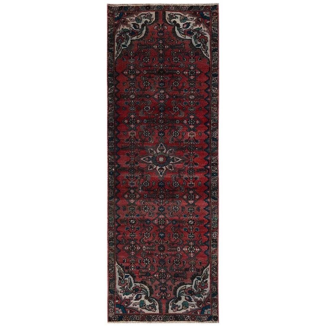 3'x8'4" Red Vintage Zoroastrian Hand Knotted Pure Wool Runner Worn Down Rug: 3'x8'4" Red Vintage Zoroastrian Hand Knotted Pure Wool Runner Worn Down Rug This stunning 3'x8'4" Red Vintage Zoroastrian Hand Knotted Pure Wool Runner Worn Down Rug boasts a rich, vibrant red color a