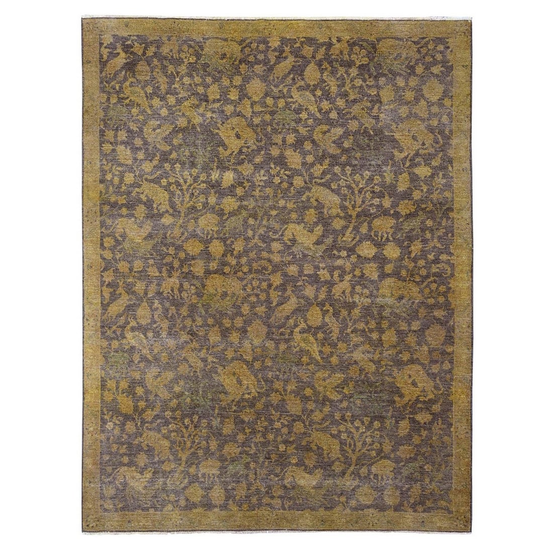 7'8"x10'1" Brown Overdyed Design Hunting Scene Pure Wool Hand Knotted Rug: 7'8"x10'1" Brown Overdyed Design Hunting Scene Pure Wool Hand Knotted Rug Brown overdyed design hunting scene pure wool hand knotted rug, measuring 7'8"x10'1" in rectangular field shape. This unique p