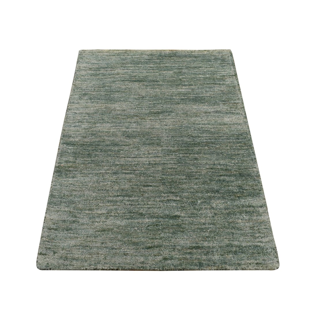 2'x3' Green Sample Pure Sari Silk Hand Knotted Plain Solid Design Mat Rug: 2'x3' Green Sample Pure Sari Silk Hand Knotted Plain Solid Design Mat Rug Modern Green Hand-Knotted Sari Silk Mat Rug. This 2'x3' rectangular field rug features a plain solid design in vibrant green, 