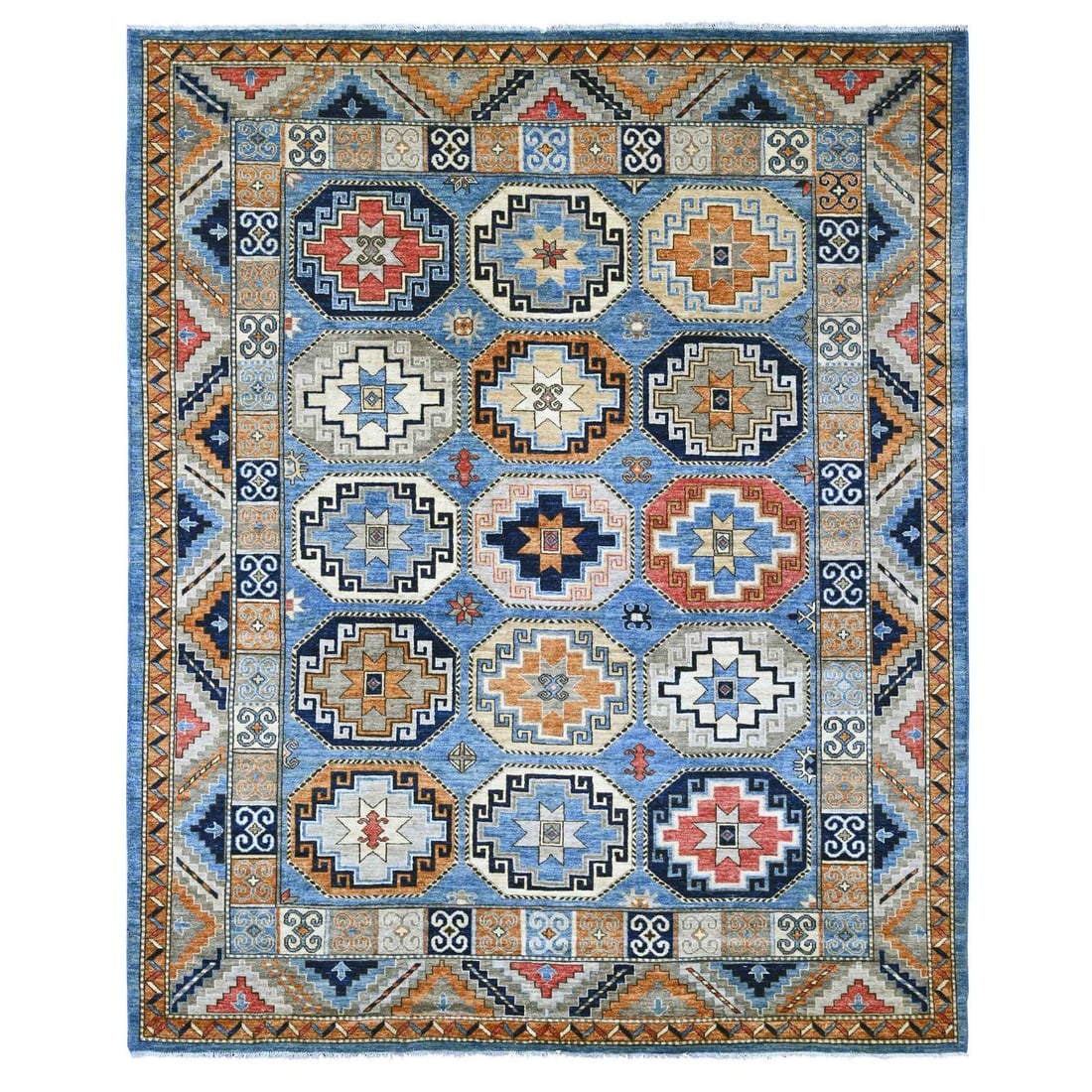 8'2"x9'9" Blue Afghan Ersari Elephant Feet Design Hand Knotted Wool Rug: 8'2"x9'9" Blue Afghan Ersari Elephant Feet Design Hand Knotted Wool Rug Blue Afghan Ersari Elephant Feet Design Hand Knotted Wool Rug measures 117" x 98". This unique, hand-knotted wool rug features a