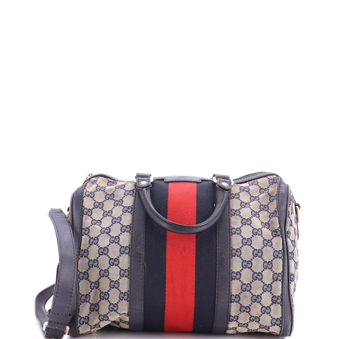 Boston Web Bag Canvas Medium Vintage Gucci GG: Boston Web Bag Canvas Medium Vintage Gucci GG Canvas medium vintage Gucci Web Boston Bag GG in blue features heavy creases, corner wear, and scuffs on its exterior. The bag's interior is made of neutr